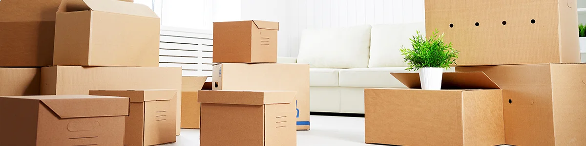 Moving boxes in a bright living room before move-in or move-out cleaning