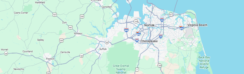 Map showing Virginia Beach, Norfolk, and Chesapeake in the Southside service area